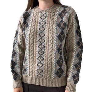 Vintage Brooks Brothers Hand Knit 100% Wool Brown Chunky Cable Crew Sweater Sz S
